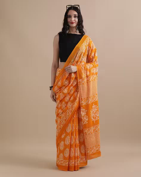 Women Floral Print Pure Cotton Saree Yellow