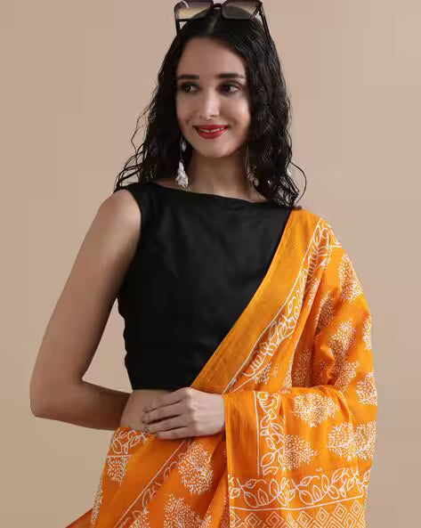 Women Floral Print Pure Cotton Saree Yellow
