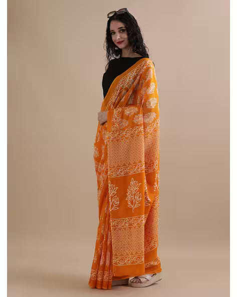 Women Floral Print Pure Cotton Saree Yellow