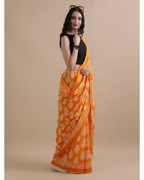 Women Floral Print Pure Cotton Saree Yellow