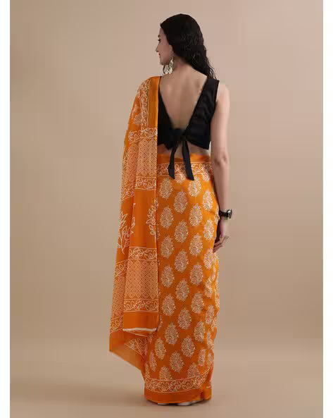 Women Floral Print Pure Cotton Saree Yellow