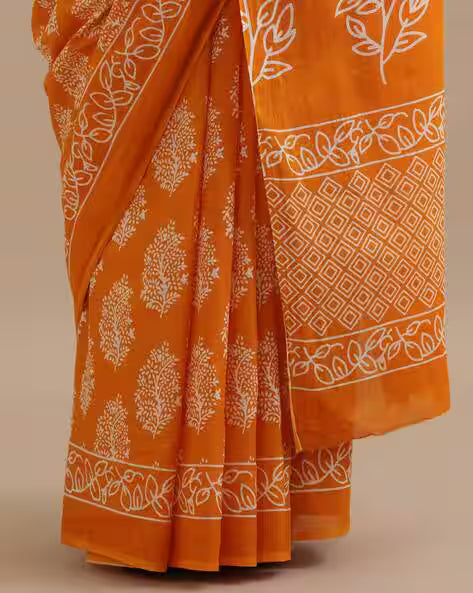Women Floral Print Pure Cotton Saree Yellow