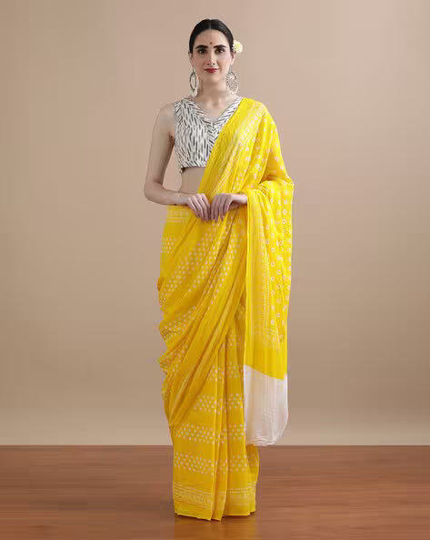Women Floral Print Pure Cotton Saree Yellow