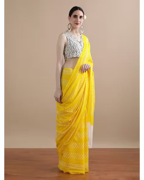 Women Floral Print Pure Cotton Saree Yellow