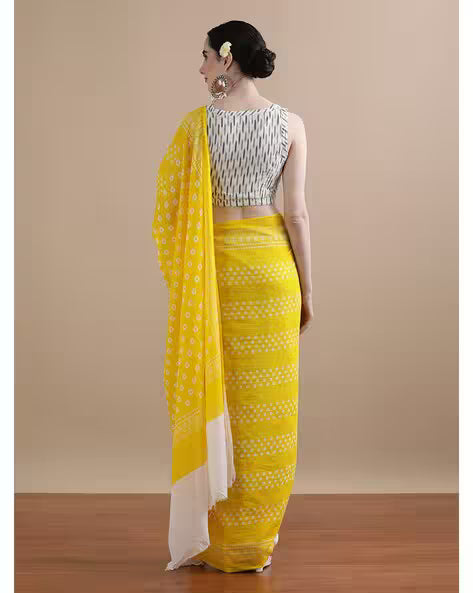 Women Floral Print Pure Cotton Saree Yellow