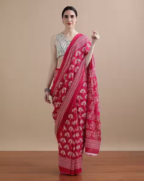 Women Floral Print Pure Cotton Saree Pink