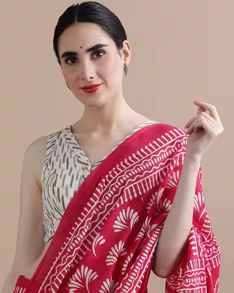 Women Floral Print Pure Cotton Saree Pink