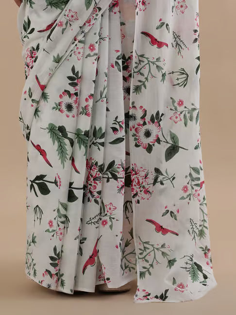 Women Floral Print Pure Cotton Saree White
