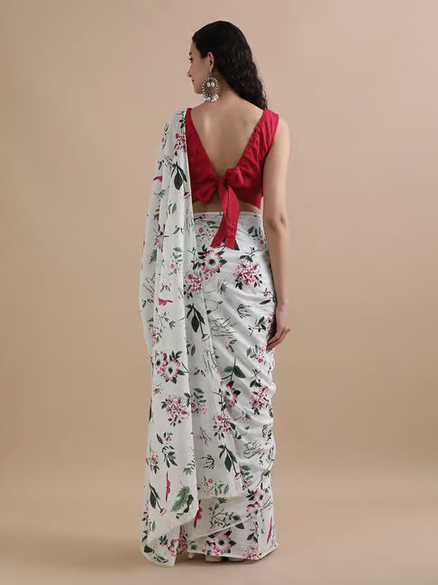 Women Floral Print Pure Cotton Saree White