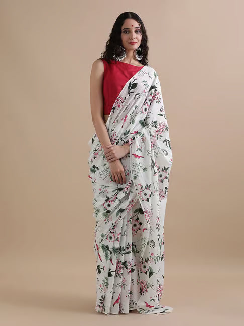 Women Floral Print Pure Cotton Saree White
