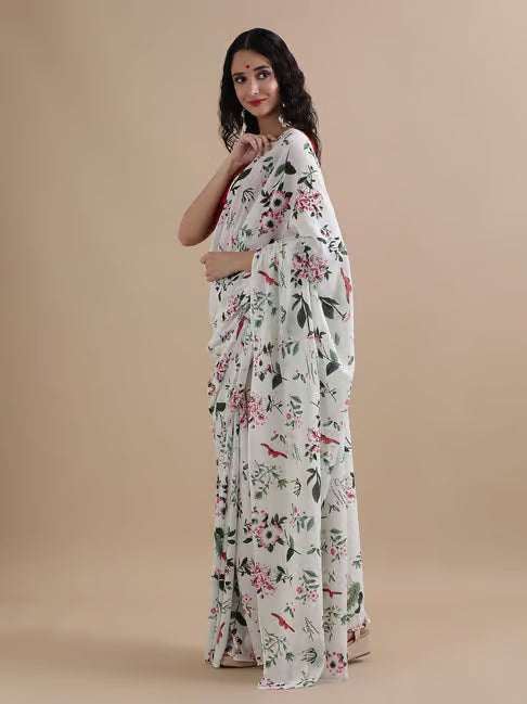Women Floral Print Pure Cotton Saree White