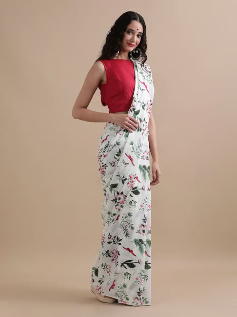 Women Floral Print Pure Cotton Saree White