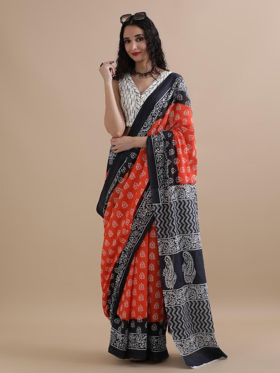 Women Floral Print Pure Cotton Saree Orange