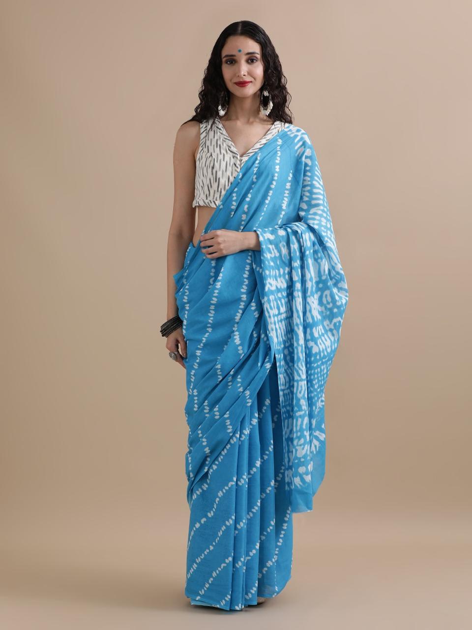 Women Floral Print Pure Cotton Saree Sky Blue
