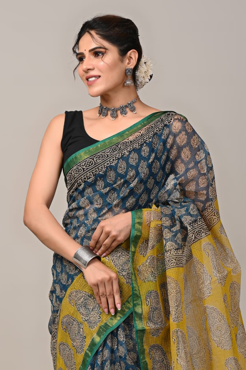 Traditional hand block printed Kota Cotton sarees